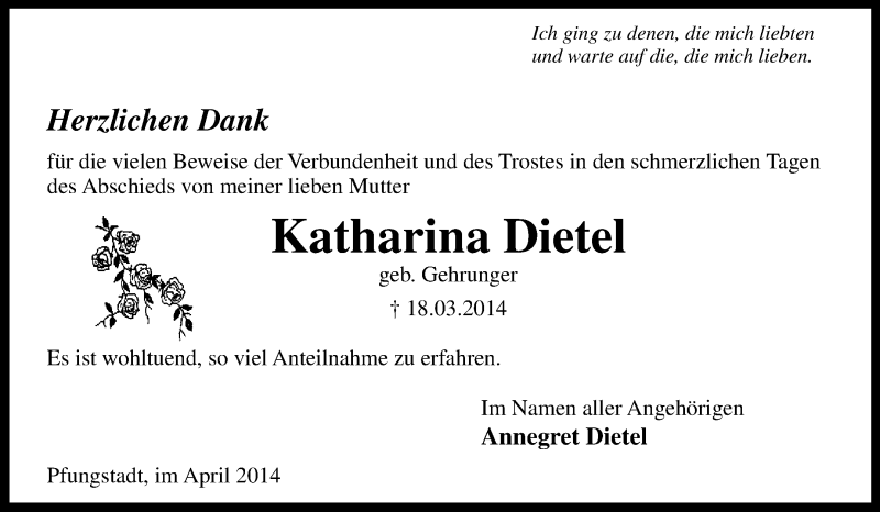  Traueranzeige für Katharina Dietel vom 26.04.2014 aus Echo-Zeitungen (Gesamtausgabe)