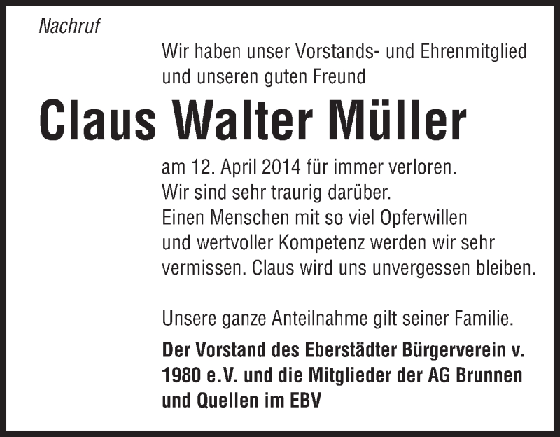  Traueranzeige für Claus Walter Müller vom 26.04.2014 aus Echo-Zeitungen (Gesamtausgabe)