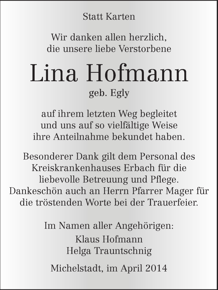  Traueranzeige für Lina Hofmann vom 26.04.2014 aus Odenwälder Echo