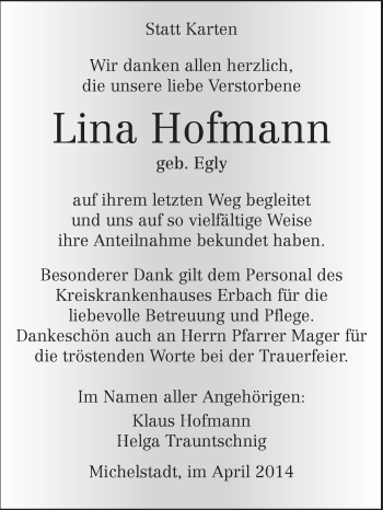 Traueranzeige von Lina Hofmann von Odenwälder Echo