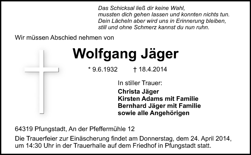  Traueranzeige für Wolfgang Jäger vom 23.04.2014 aus Echo-Zeitungen (Gesamtausgabe)