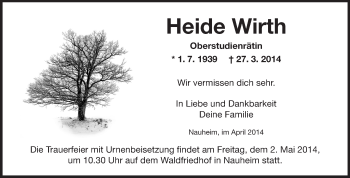 Traueranzeige von Heide Wirth von Rüsselsheimer Echo, Groß-Gerauer-Echo, Ried Echo