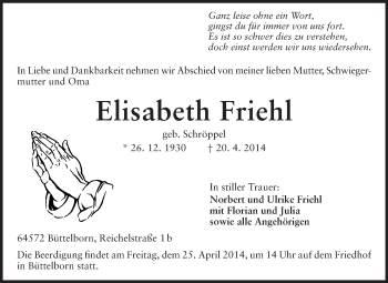 Traueranzeige von Elisabeth Friehl von Rüsselsheimer Echo, Groß-Gerauer-Echo, Ried Echo