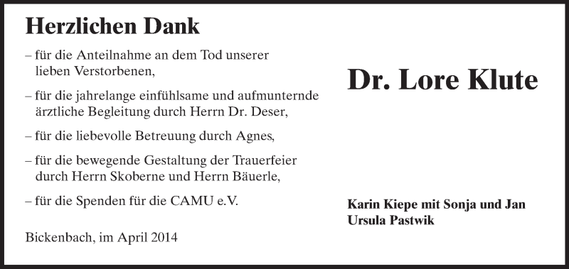  Traueranzeige für Lore Klute vom 26.04.2014 aus Echo-Zeitungen (Gesamtausgabe)