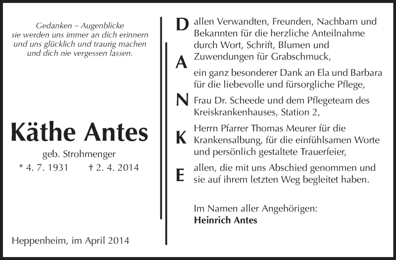  Traueranzeige für Käthe Antes vom 26.04.2014 aus Starkenburger Echo