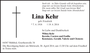 Traueranzeige von Lina Kehr von Echo-Zeitungen (Gesamtausgabe)