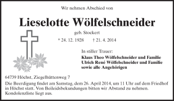 Traueranzeige von Lieselotte Wölfelschneider von Odenwälder Echo