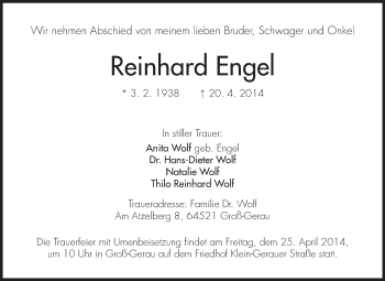 Traueranzeige von Reinhard Engel von Rüsselsheimer Echo, Groß-Gerauer-Echo, Ried Echo