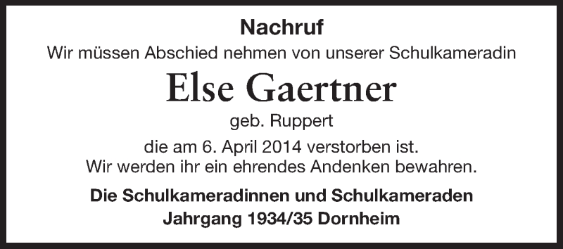  Traueranzeige für Else Gaertnar  vom 25.04.2014 aus Rüsselsheimer Echo, Groß-Gerauer-Echo, Ried Echo