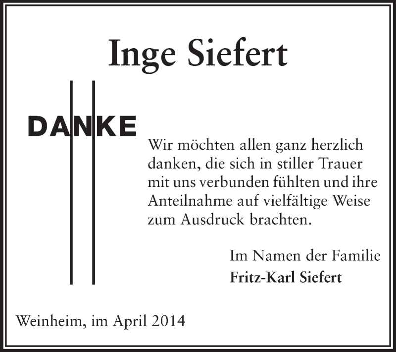  Traueranzeige für Inge Siefert vom 28.04.2014 aus Odenwälder Echo
