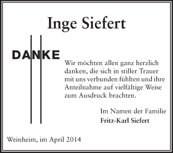 Traueranzeige von Inge Siefert von Odenwälder Echo