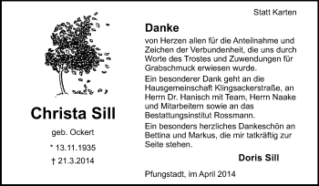 Traueranzeige von Christa Sill von Echo-Zeitungen (Gesamtausgabe)