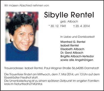 Traueranzeige von Sibylle Rentel von Echo-Zeitungen (Gesamtausgabe)