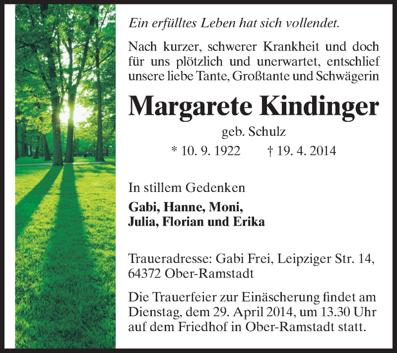 Traueranzeige für Margarete Kindinger vom 26.04.2014 aus Echo-Zeitungen (Gesamtausgabe)