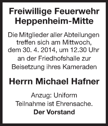 Traueranzeige von Michael Hafner von Starkenburger Echo