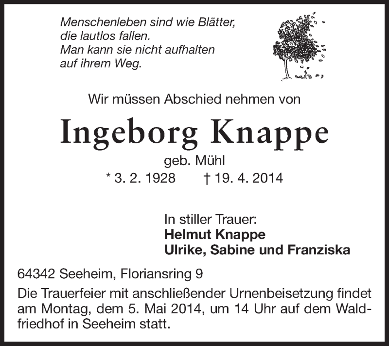  Traueranzeige für Ingeborg Knappe vom 26.04.2014 aus Echo-Zeitungen (Gesamtausgabe)