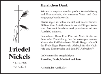Traueranzeige von Friedel Nickels von Echo-Zeitungen (Gesamtausgabe)