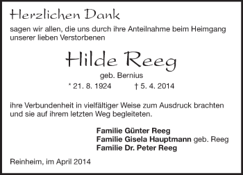 Traueranzeige von Hilde Reeg von Echo-Zeitungen (Gesamtausgabe)