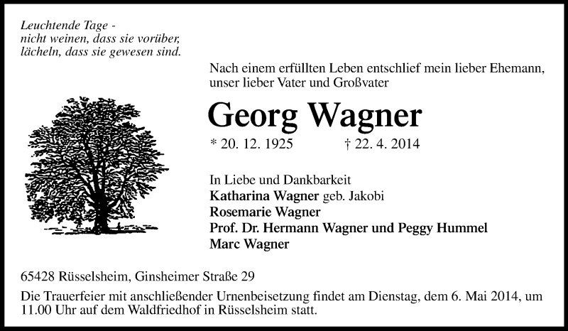  Traueranzeige für Georg Wagner vom 26.04.2014 aus Rüsselsheimer Echo, Groß-Gerauer-Echo, Ried Echo
