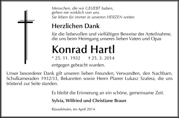 Traueranzeige von Konrad Hartl von Rüsselsheimer Echo, Groß-Gerauer-Echo, Ried Echo