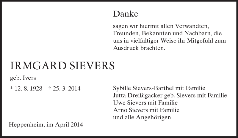  Traueranzeige für Irmgard Sievers vom 26.04.2014 aus Echo-Zeitungen (Gesamtausgabe)