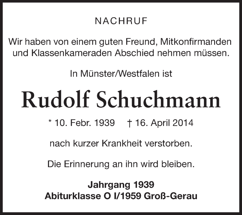  Traueranzeige für Rudolf Schuchmann vom 26.04.2014 aus Rüsselsheimer Echo, Groß-Gerauer-Echo, Ried Echo