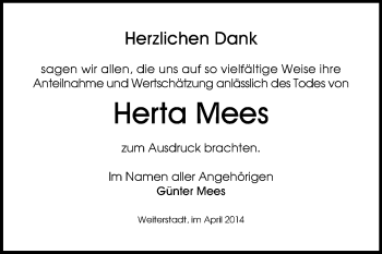 Traueranzeige von Herta Mees von Echo-Zeitungen (Gesamtausgabe)