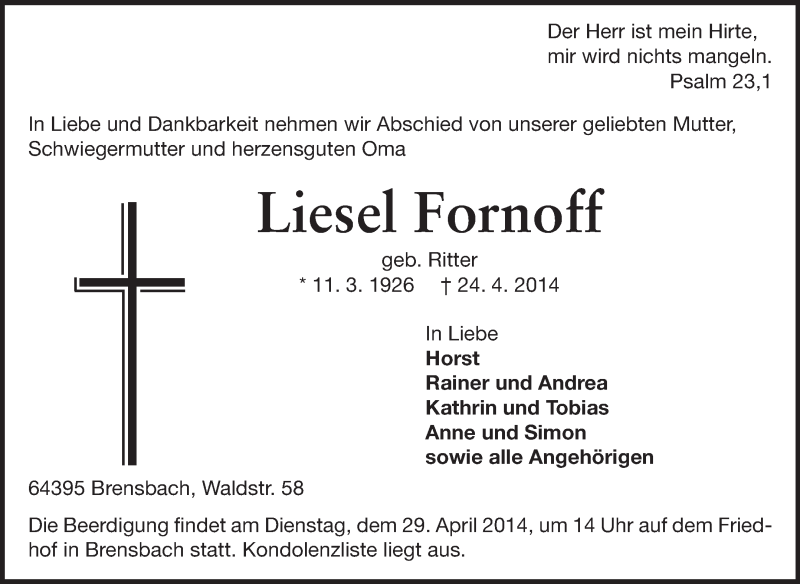  Traueranzeige für Liesel Fornoff vom 26.04.2014 aus Echo-Zeitungen (Gesamtausgabe)