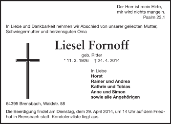 Traueranzeige von Liesel Fornoff von Echo-Zeitungen (Gesamtausgabe)