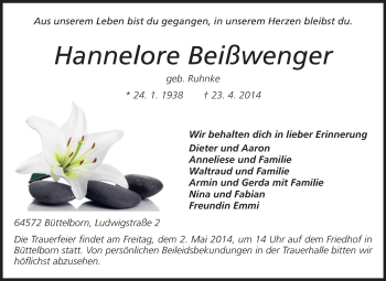 Traueranzeige von Hannelore Beißwenger von Rüsselsheimer Echo, Groß-Gerauer-Echo, Ried Echo