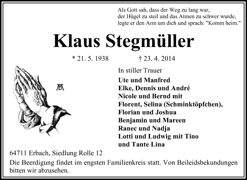  Traueranzeige für Klaus Stegmüller vom 26.04.2014 aus Odenwälder Echo