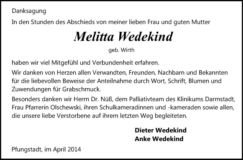  Traueranzeige für Melitta Wedekind vom 26.04.2014 aus Echo-Zeitungen (Gesamtausgabe)