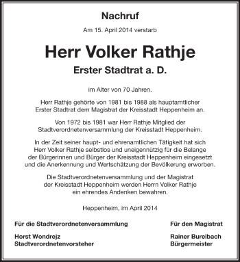 Traueranzeige von Volker Rathje von Starkenburger Echo
