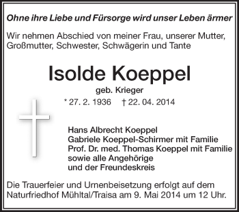 Traueranzeige von Isolde Koeppel von Echo-Zeitungen (Gesamtausgabe)