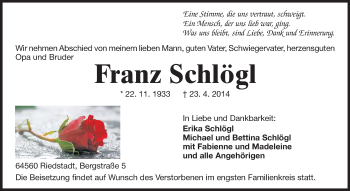 Traueranzeige von Franz Schlögl von Rüsselsheimer Echo, Groß-Gerauer-Echo, Ried Echo