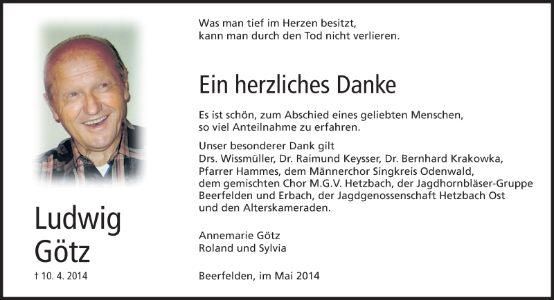  Traueranzeige für Ludwig Götz vom 02.05.2014 aus Odenwälder Echo