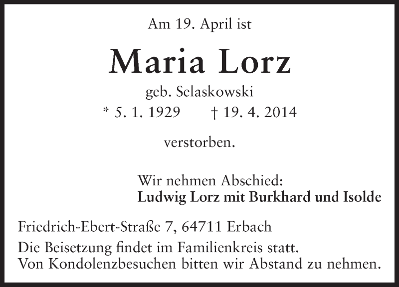  Traueranzeige für Maria Lorz vom 26.04.2014 aus Odenwälder Echo