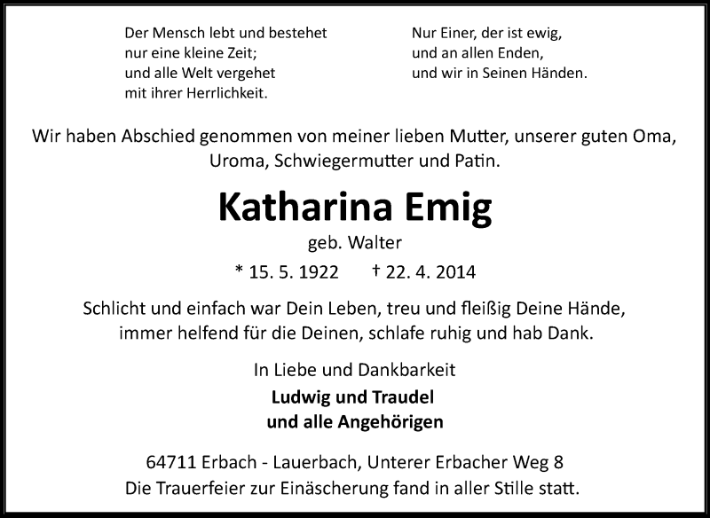 Traueranzeige für Katharina Emig vom 29.04.2014 aus Odenwälder Echo