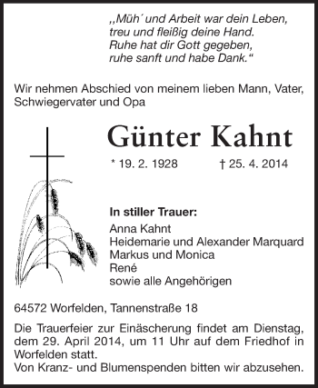 Traueranzeige von Günter Kahnt von Rüsselsheimer Echo, Groß-Gerauer-Echo, Ried Echo