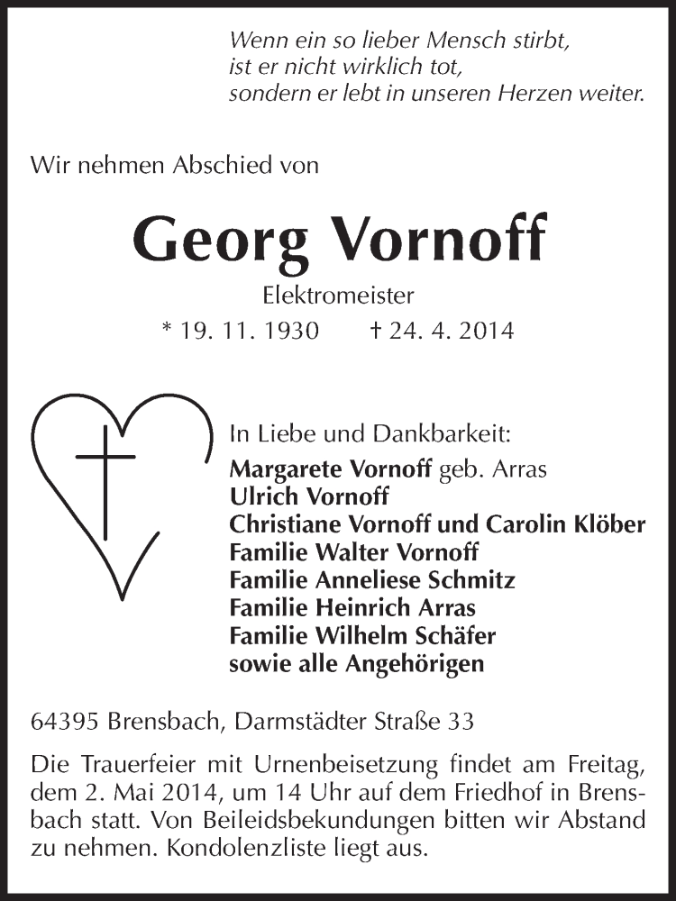  Traueranzeige für Georg Vornoff vom 29.04.2014 aus Odenwälder Echo