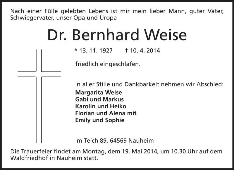  Traueranzeige für Bernhard Weise vom 30.04.2014 aus Rüsselsheimer Echo, Groß-Gerauer-Echo, Ried Echo