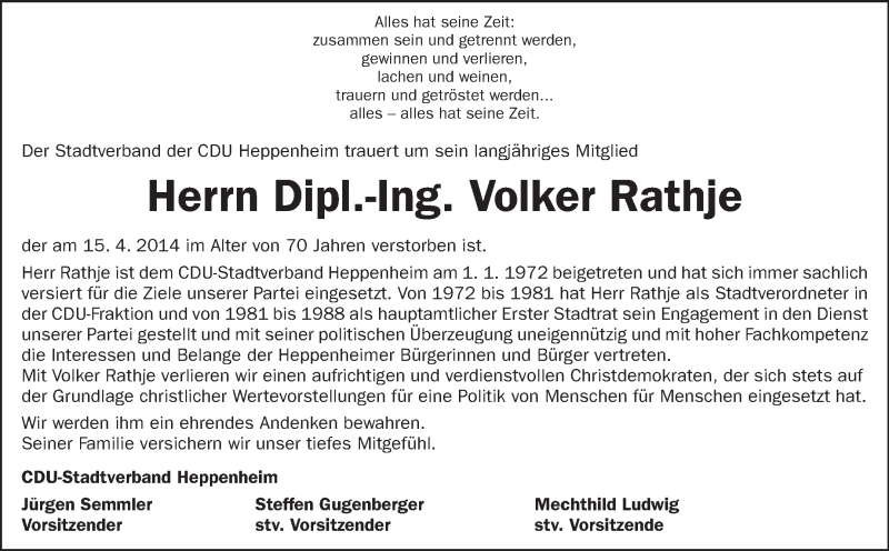  Traueranzeige für Volker Rathje vom 30.04.2014 aus Starkenburger Echo, Bergsträßer Anzeiger