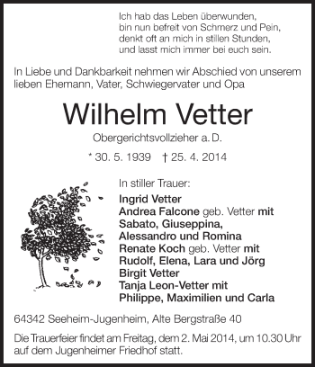 Traueranzeige von Wilhelm Vetter von Echo-Zeitungen (Gesamtausgabe)