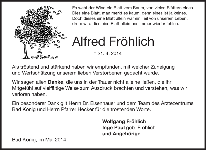  Traueranzeige für Alfred Fröhlich vom 03.05.2014 aus Odenwälder Echo