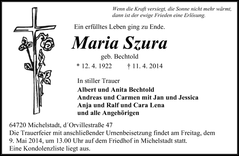  Traueranzeige für Maria Szura vom 05.05.2014 aus Odenwälder Echo