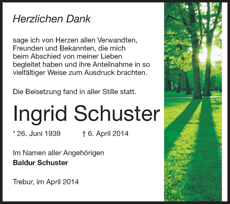  Traueranzeige für Ingrid Schuster vom 30.04.2014 aus Rüsselsheimer Echo, Groß-Gerauer-Echo, Ried Echo