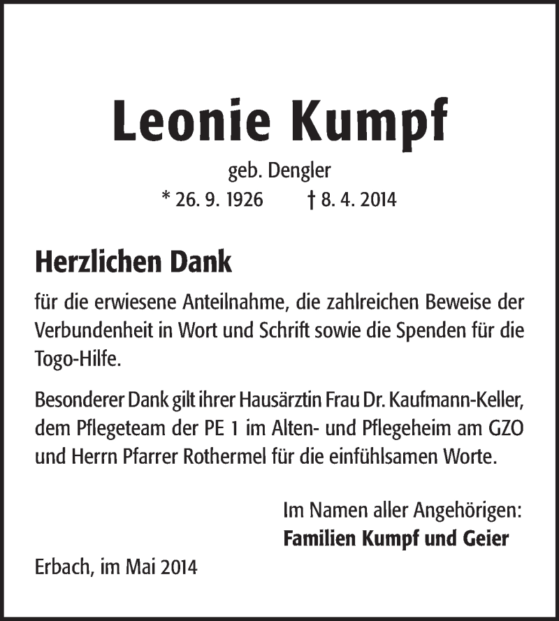  Traueranzeige für Leonie Kumpf vom 03.05.2014 aus Odenwälder Echo