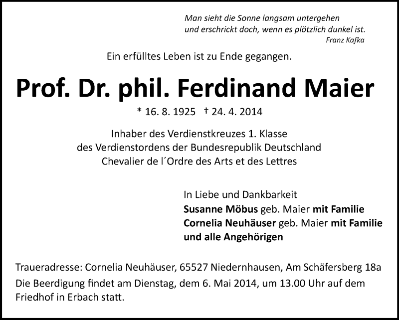  Traueranzeige für Ferdinand Maier vom 30.04.2014 aus Odenwälder Echo