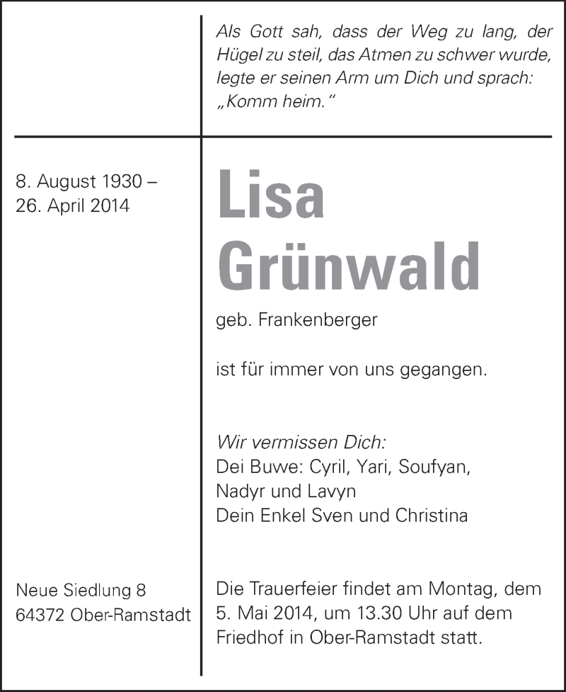  Traueranzeige für Lisa Grünwald vom 30.04.2014 aus Echo-Zeitungen (Gesamtausgabe)