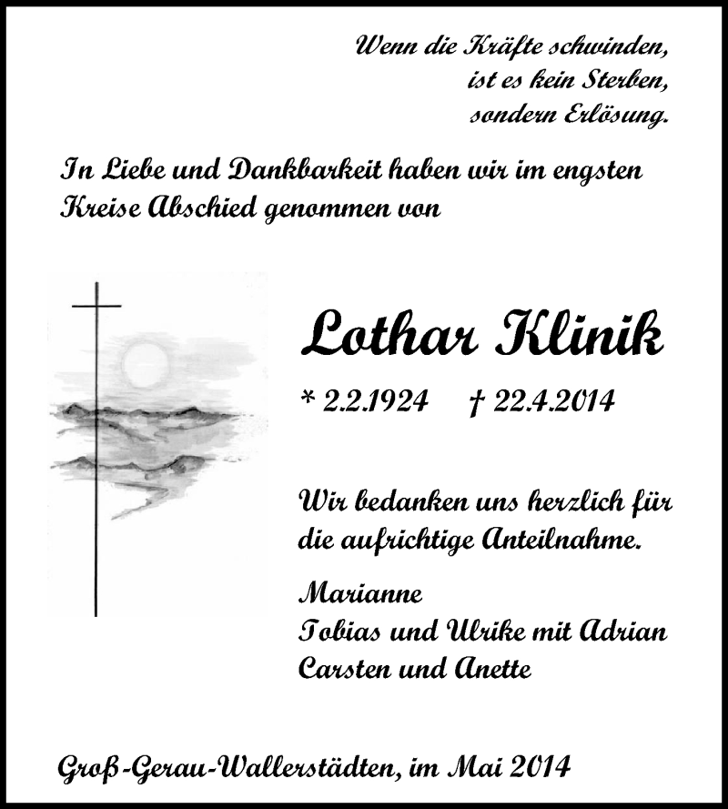  Traueranzeige für Lothar Klinik vom 03.05.2014 aus Rüsselsheimer Echo, Groß-Gerauer-Echo, Ried Echo